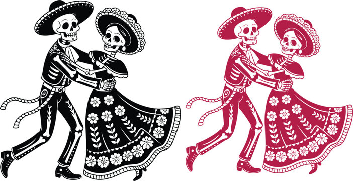 Dancing mexican skeletons vector. Dying day mariachi couple. Folk art catrina and catrin illustration. Monochrome and color options for cultural design.