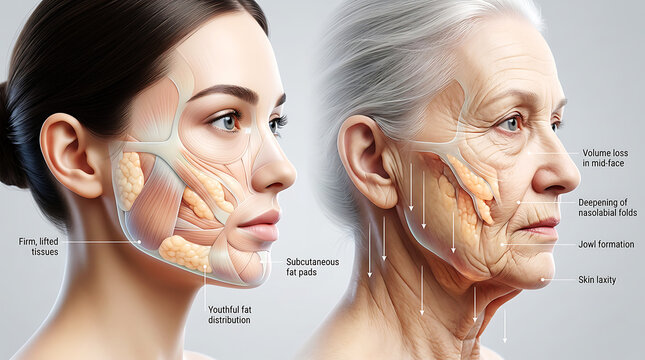 Side-by-side comparison of youthful and aged facial anatomy