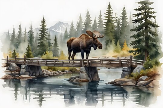 Moose crossing a bridge in a national park setting