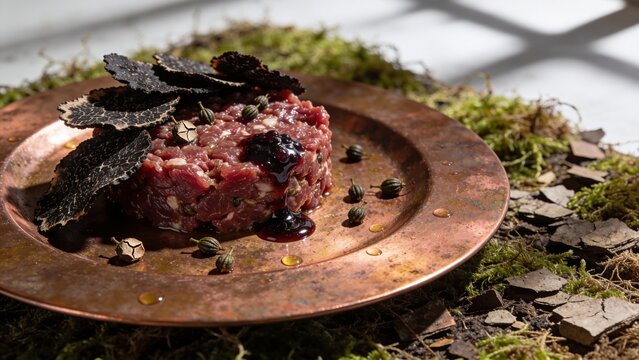 Raw venison tartare with black truffle slices and caper berries on copper plate