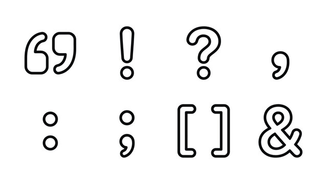 Set of essential punctuation and grammar symbols line art icons with punctuation, typography