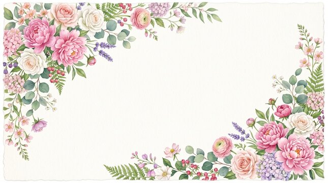Watercolor floral corner frame with pink and white roses