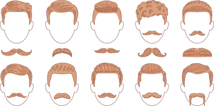 Hand-drawn hipster facial hair collection. Brown vintage beard and mustache set with hair buns and facial outlines. Retro grooming salon vectors.