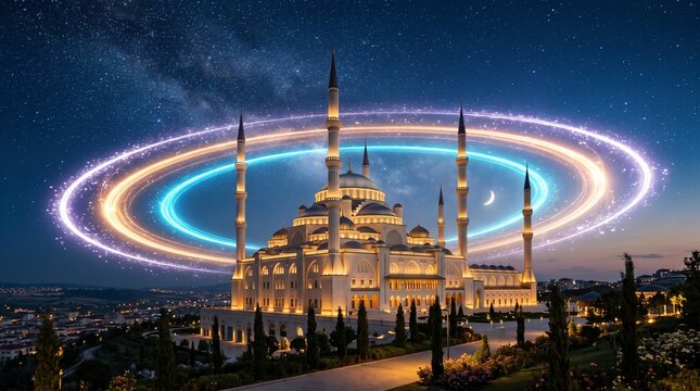 Grand illuminated mosque with four minarets under starry night sky