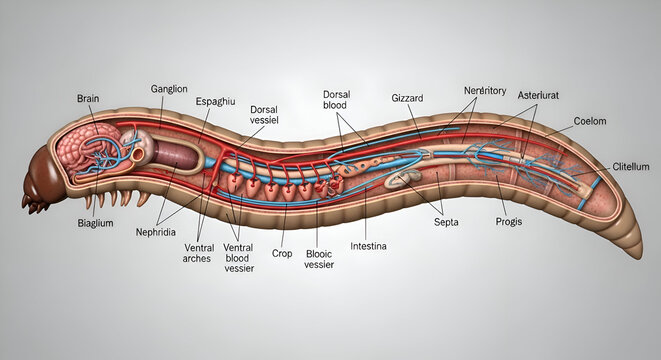 Detailed 3D anatomical illustration of an earthworm, showcasing its internal organs and systems for educational or scientific use