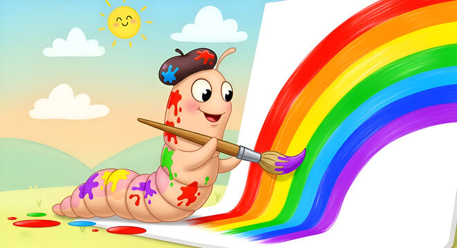 Adorable cartoon worm artist painting vibrant rainbow with a brush on a blank canvas, cheerful and creative