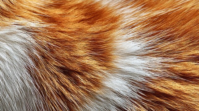 Macro close up shot featuring soft textured vibrant orange and white cat fur pattern with delicate natural flowing hair lines