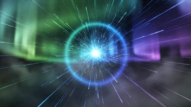 Abstract vibrant aurora borealis tunnel of light with glowing blue circle portal and shooting stars effect