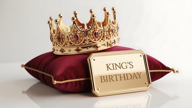 A magnificent golden crown adorned with jewels rests on a luxurious red velvet cushion, placed next to a golden plaque inscribed with "KING'S BIRTHDAY" on a light background.