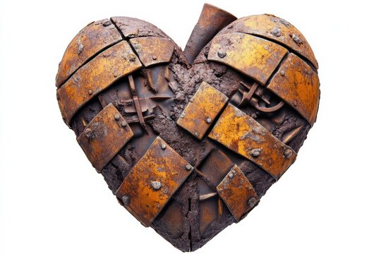 Intricate mechanical heart made from aged rusted metal plates and gears