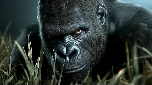 Gorilla resting in the grass during early morning hours in a dense jungle setting