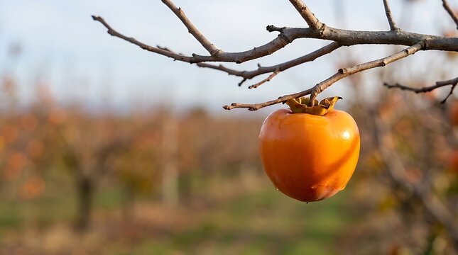 Single orange persimmon fruit on a bare tree branch in autumn