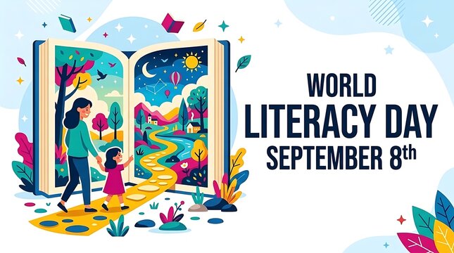World Literacy Day illustration with mother and child reading book