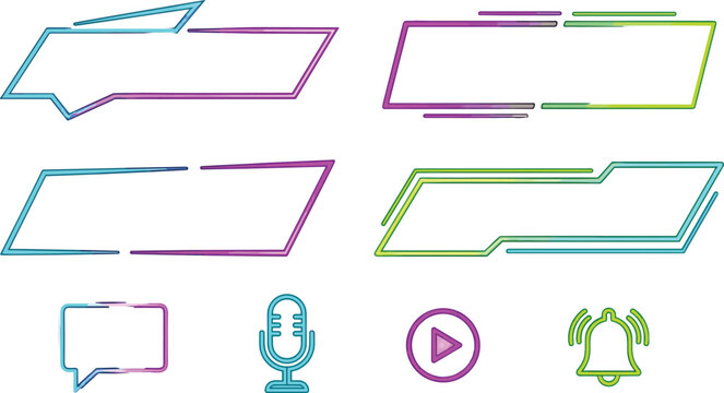 Futuristic Cyberpunk Neon Twitch Overlay Element Set Featuring Sci Fi Text Lower Third Frames Chat Mic Play and Notification Bell Icons