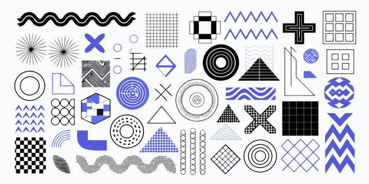 An assortment of abstract geometric shapes and patterns is displayed in a flat vector style illustration design