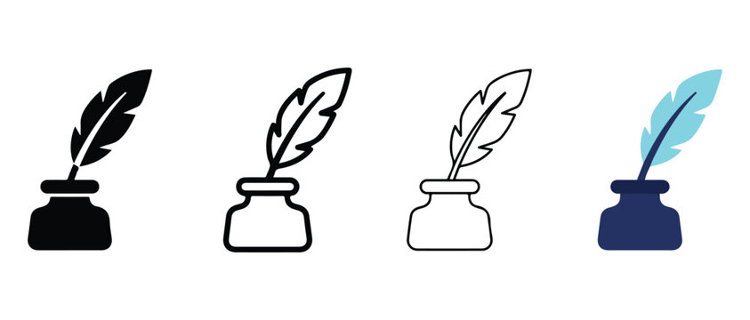 quill pens in ink bottles with different feather and ink colors isolated on transparent background