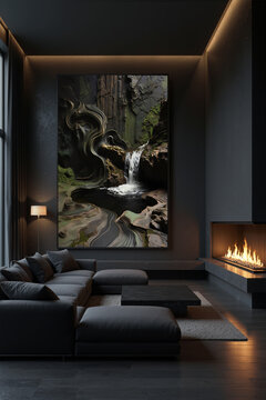 Artwork of a waterfall displayed in a modern living room with a cozy fireplace and dark furniture