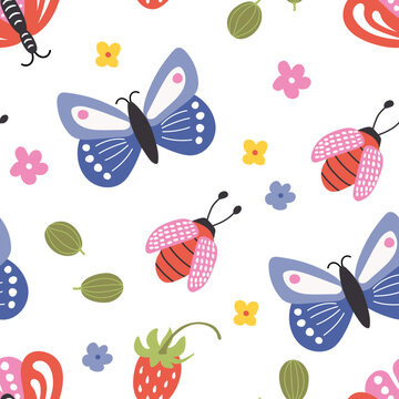 Bright garden insects pattern featuring cute butterflies, ladybugs, berries, and floral elements for children textile, wrapping paper, or nursery decor.