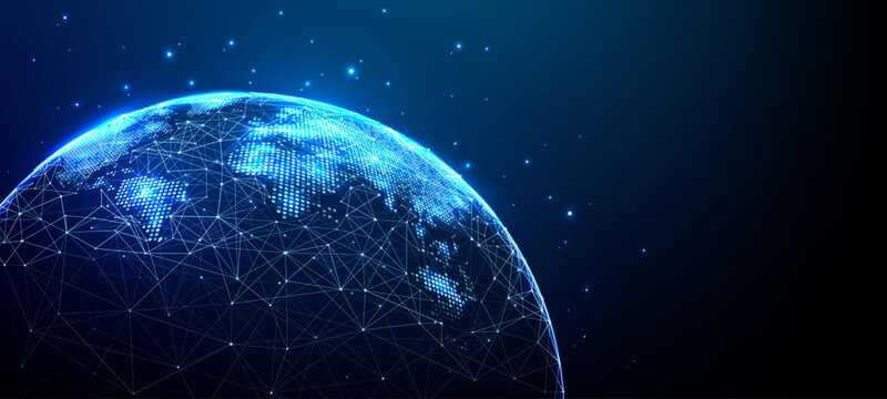 Global network visualization with glowing blue dots and lines forming Earth's sphere. Digital world connectivity concept for tech and data communication platforms. Tech map. Vector illustration