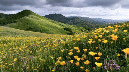 Fototapeta premium A vibrant field of yellow wildflowers blankets rolling green hills under a dramatic cloudy sky