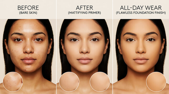 Woman showcasing skin transformation with makeup primer and foundation