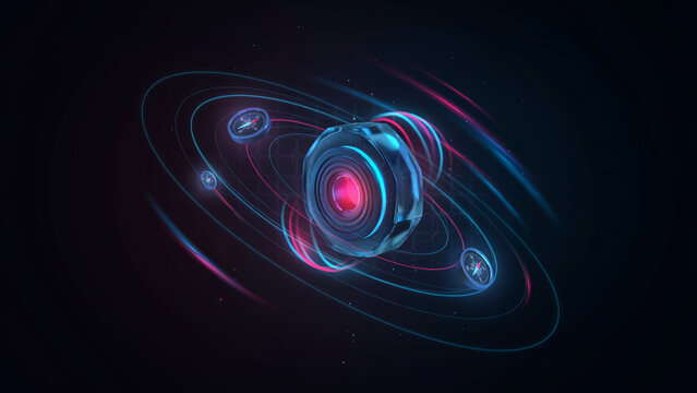 Futuristic glowing magnetometer core with electromagnetic waves and neon compass icons