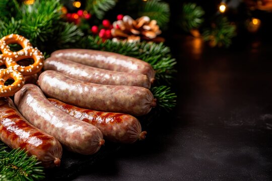 Raw sausages with salt and pretzels arranged on a black textured table surface for an authentic dinner preparation