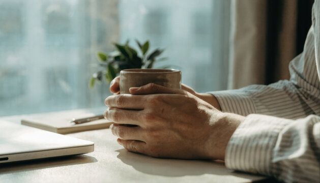Man hand coffee cup laptop desk morning light relaxation, warm sunlight office break casual workday contemplative mood calm workplace scene