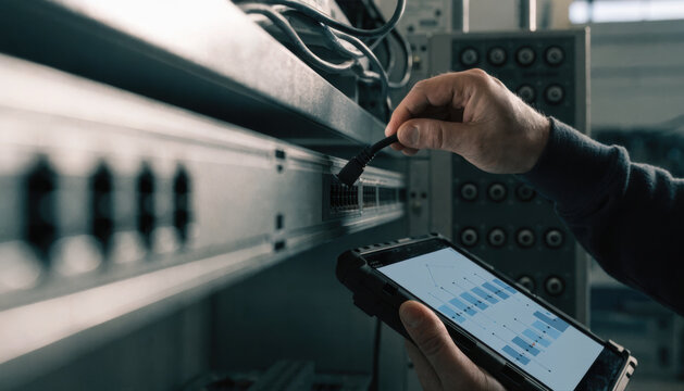 Network cable engineer hand tablet technology data server connection equipment focused network cable connection by engineer hand with digital tablet technology during data center maintenance