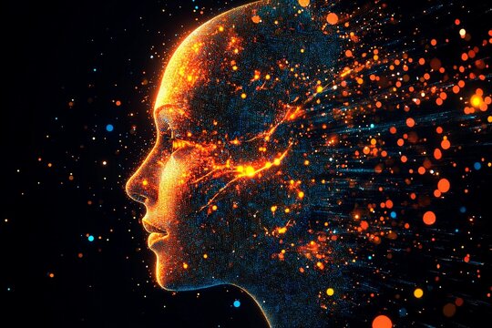Glowing pixelized face with vibrant colors and digital effects depicting an abstract human figure in a creative concept