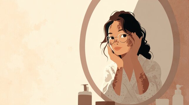 Woman looking at herself in a mirror, skin imperfections
