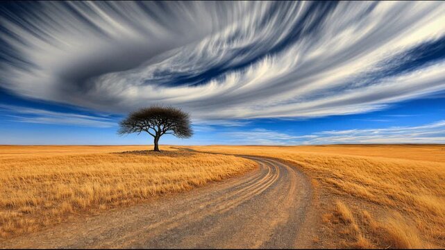 A tree stands alone by a winding dirt road in an open field under a cloudy sky at sunset