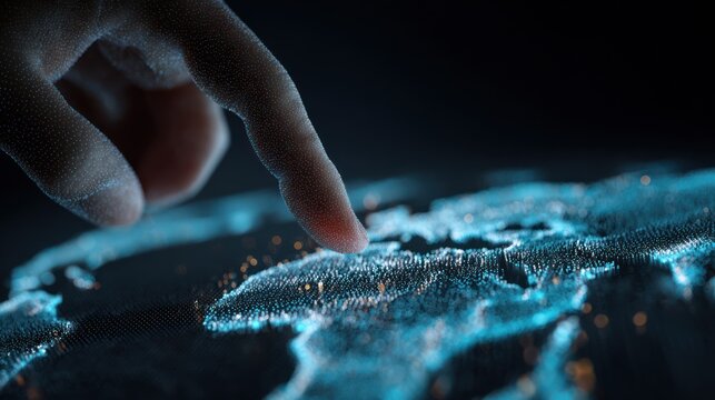 Finger touches digital world map