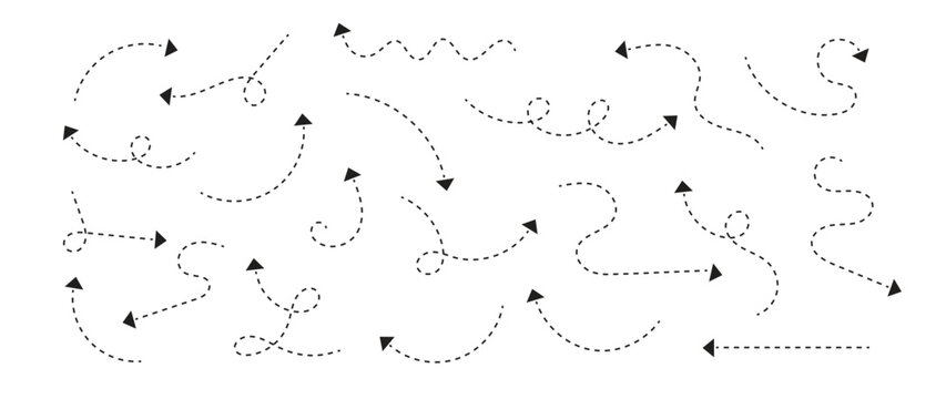Dotted path trajectory arrow lines. Dash line arrows set. Set of curved dotted line arrow set. Squiggly dotted arrow, vector dashed curved line arow set.