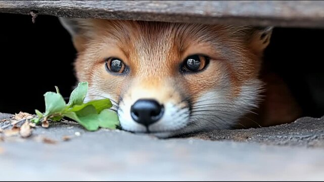 Fox peeking out from under wooden structure while resting on ground with green plant nearby