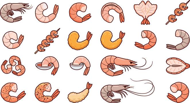 Shrimp Seafood Icon Set with Fried, Grilled, Boiled, and Raw Prawn Symbols for Food, Menu, and Restaurant Designs