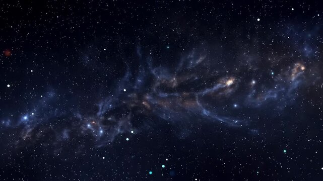 Colorful crystal-like shapes float through a starry galaxy, emitting light beams and creating a mesmerizing cosmic scene with vibrant colors and celestial elements