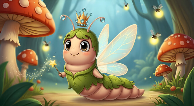 Adorable fairy caterpillar with crown and magic wand in enchanted forest, perfect for children's books and whimsical designs