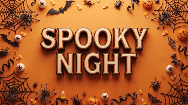 Spooky Night 3D Text Layout with Tarantulas, Insects, Spider Webs, Eyeballs and Halloween Elements on Orange Background