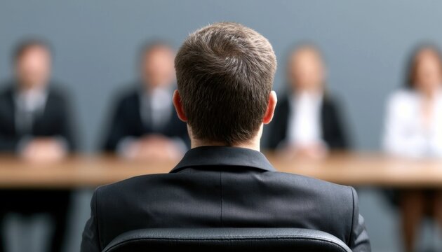 Rear view of a young man in a black suit sitting at a table facing a blurred panel of interviewers