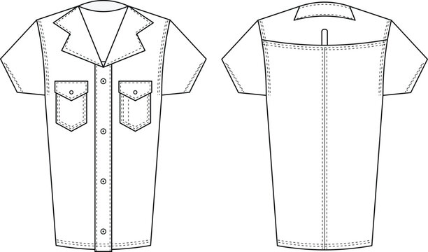 Short Sleeve Utility Shirt Technical Fashion Flat Sketch Front and Back Garment Design with Double Chest Pockets