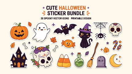 Fototapeta premium Cute halloween sticker bundle, 30 spooky vector icons, printable design set. Orange and black magical symbols, pumpkin, ghost. Festive clipart collection. Halloween editable eps