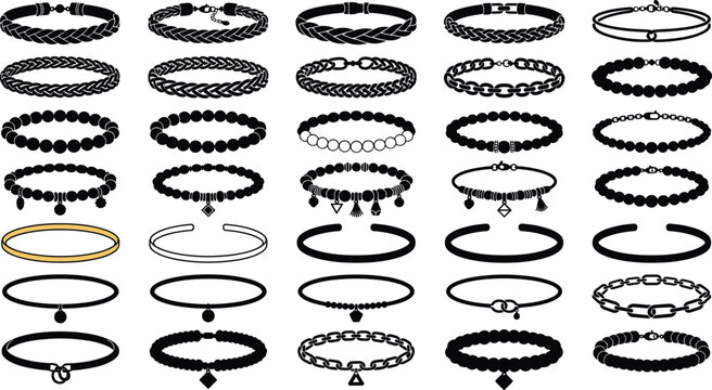 Black and white bracelet and necklace vector icons set for fashion and jewelry design
