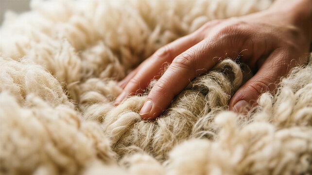 Gentle hand caressing thick natural sheep wool texture in bright daylight to feel the softness of raw organic material fiber