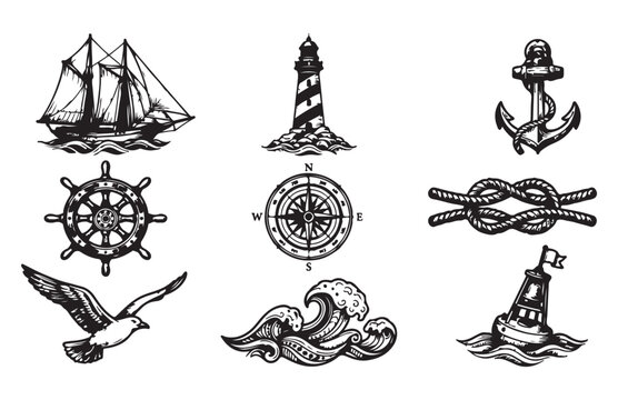 Nautical elements set features a sailing ship, lighthouse, anchor, wheel, compass, and seagull vector.