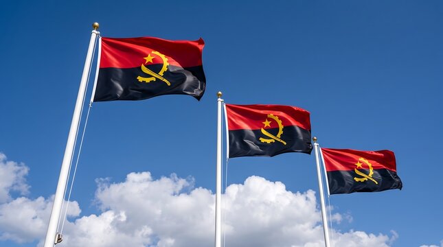 Three national flags of Angola waving on flagpoles against a clear blue sky with clouds