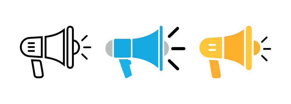 Loudspeaker megaphone icon set. Megaphone icon set. Electric megaphone with sound or marketing advertising. Megaphone icon, loud speaker icon