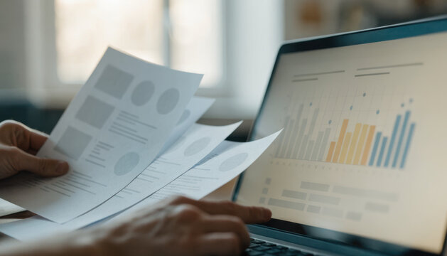 Business report data analysis financial chart market research bar graph office desk hand laptop document statistic finance planning strategy growth corporate professional paperwork investment