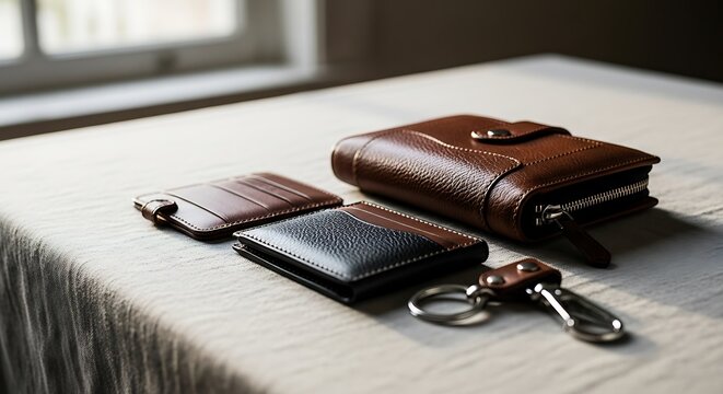 Brown and black leather wallets and keychain set on a table