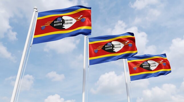 Three national flags of Eswatini waving on white poles under a bright blue sky